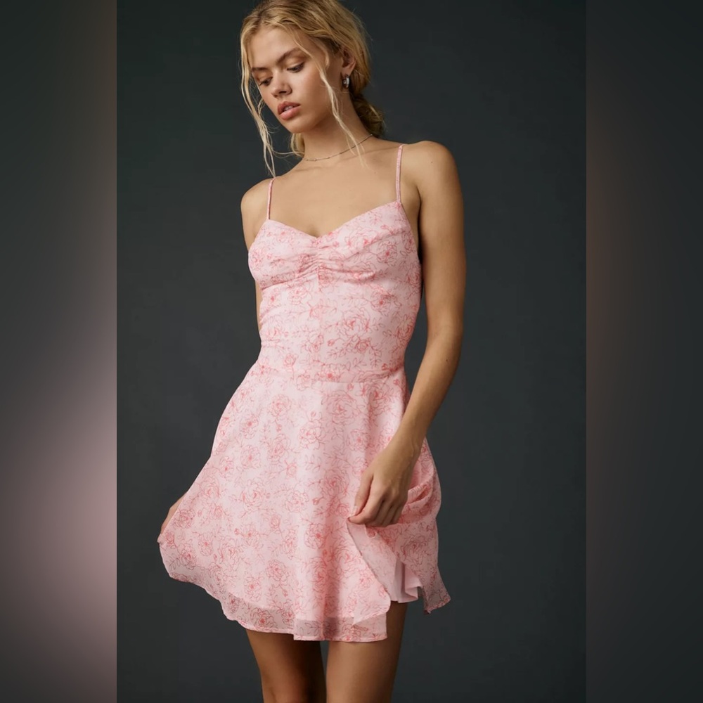 UO Urban Outfitters Over The Horizon Fit-And-Flare Chiffon Mini Dress- Pink Rose